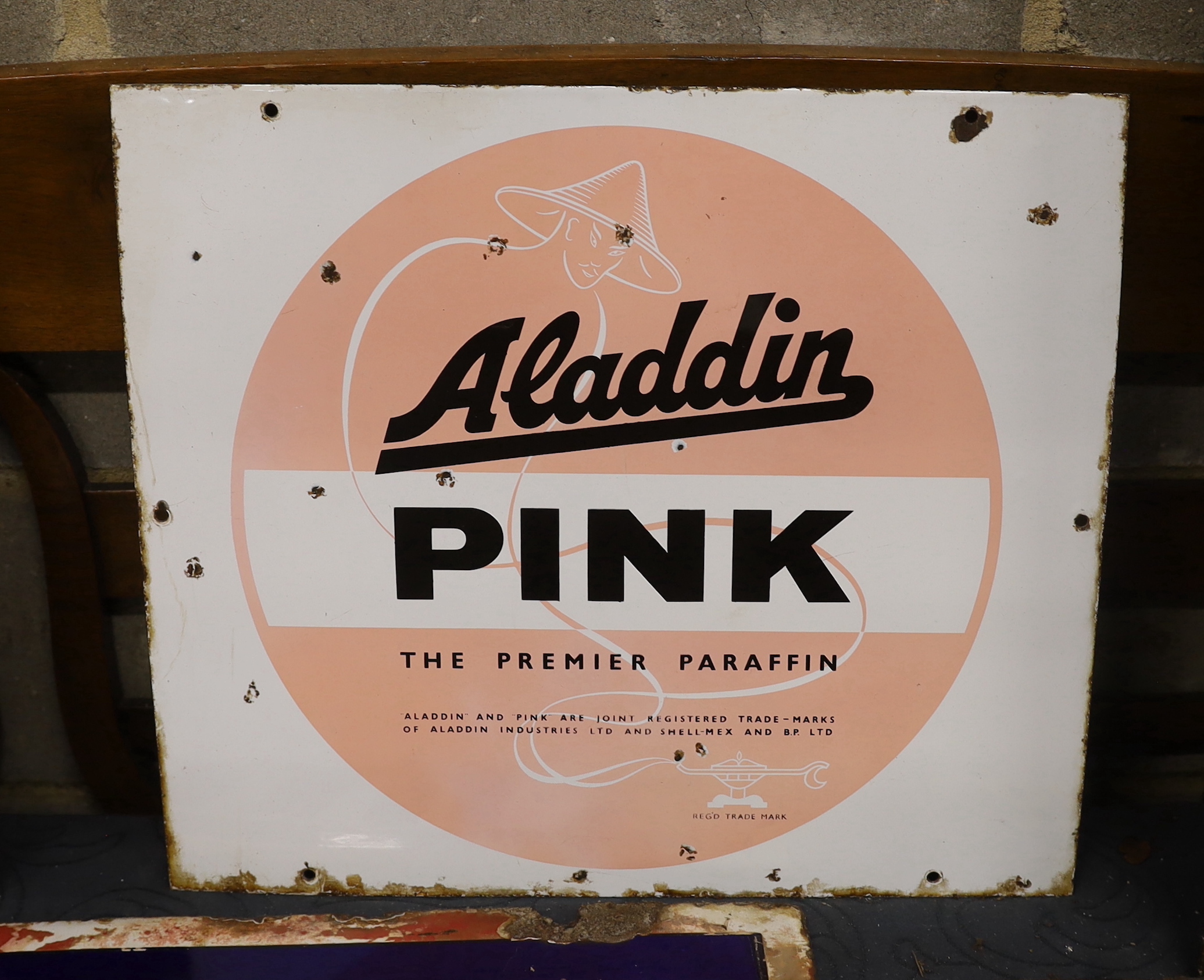 An original enamel advertising sign 'Aladdin Pink, The Premier Paraffin', width 48cm, height 42cm